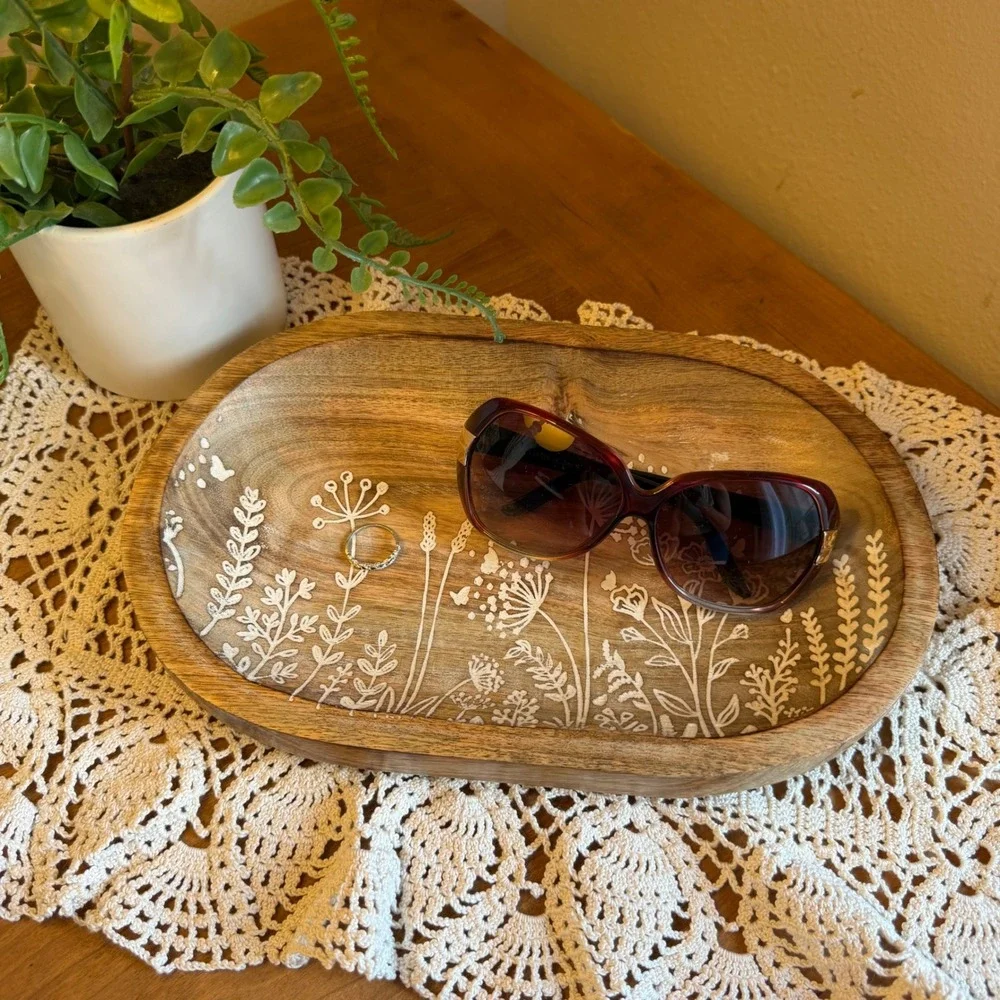 WT Collection Wing Tai Trading Co Floral Carved Wooden Oval Trinket Tray